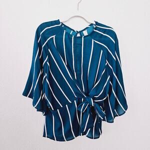 True Destiny Green & White Striped Short Sleeve Blouse- Women's XL